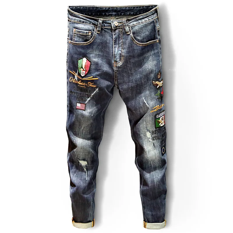 

Spring autumn 2021 male fashion pants ripped man's Korean slim fit embroidery hip hop School teenagers cowboy denim jeans men