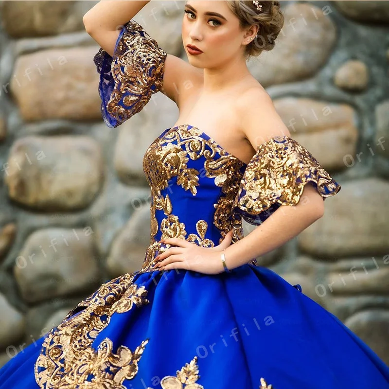 Фото Ярко-голубое милое платье 16 Quinceanera блестящее кружевное Пышное вечернее платье бальное платье мексиканская Девочка платье на день рождения №2
