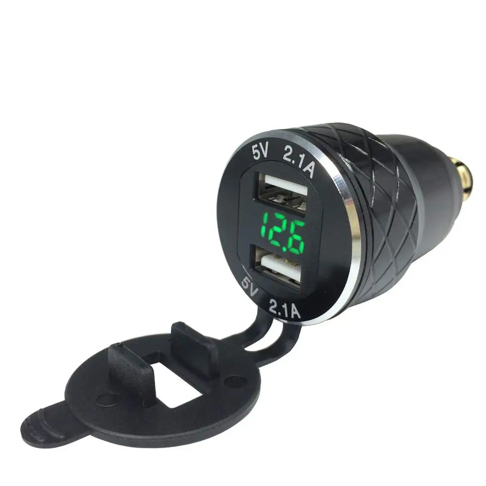 Зарядное устройство DIN to USB для мотоцикла Triumph Tiger 800 on с выходом 5В 2,1А, розеткой питания, вольтметром и корпусом из алюминиевого сплава.