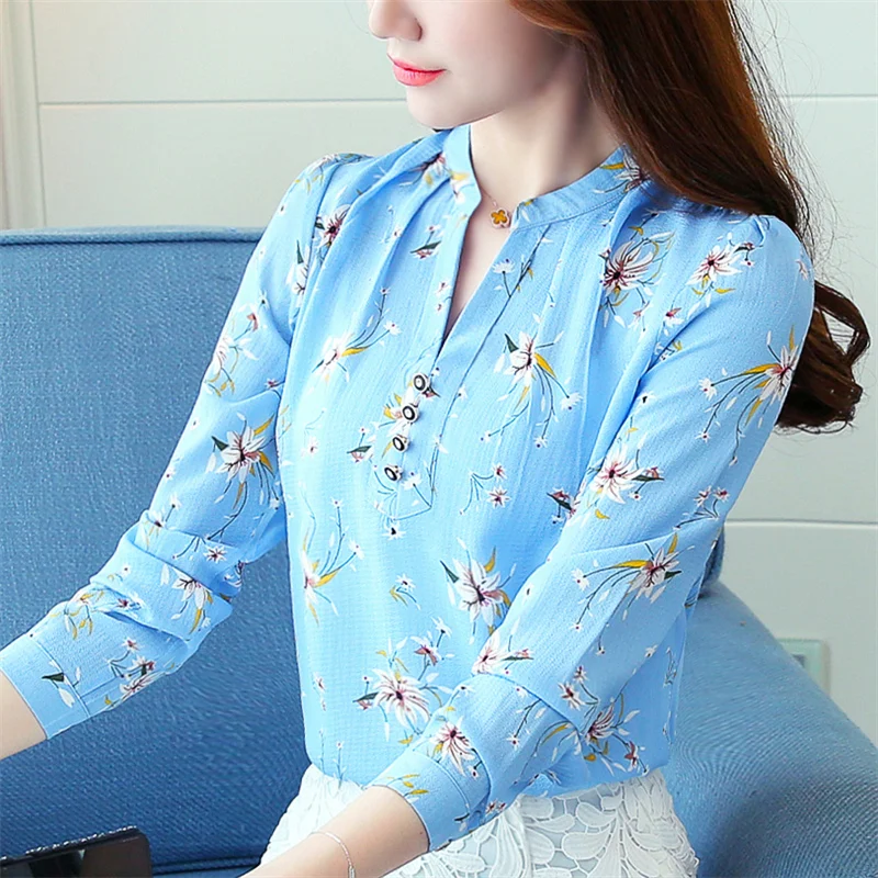 2019 Flower Print Blouse Women Long Sleeve Top Shirt Elegant Ladies Shirts Womens Tops And Blouses 8 S |