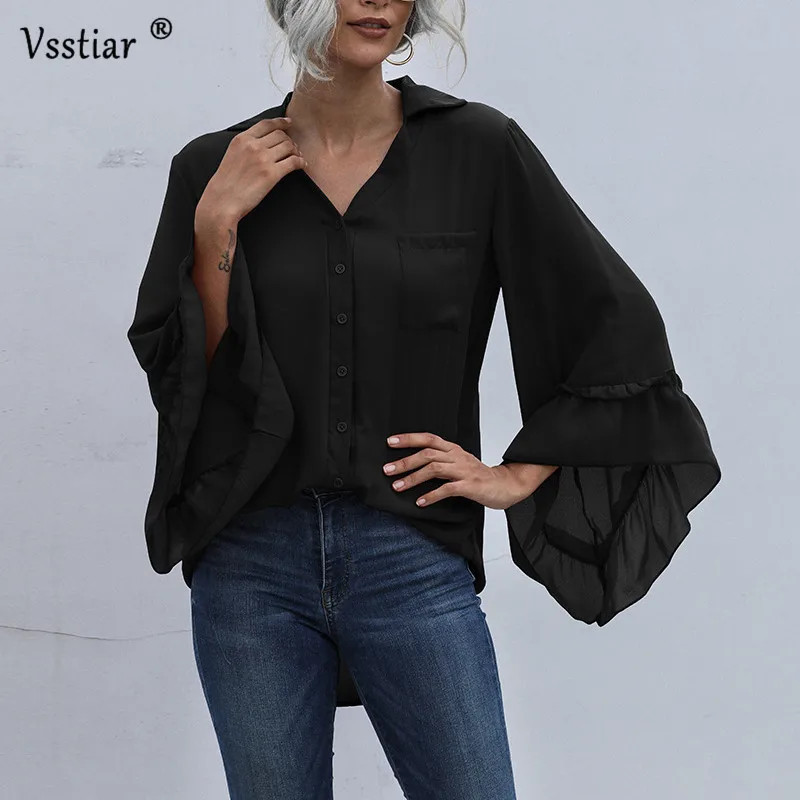 

Vsstiar Long Butterfly Sleeve Chiffon Blouse Women Loose Plus Size Shirts Lady Streetwear Pockets Casual Solid Blouses