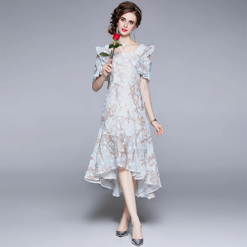 

Women Summer Designer Elegant Appliques Dress High Quality Wedding Party Robe Female Vintage Asymmetrical Long Dress Vestidos