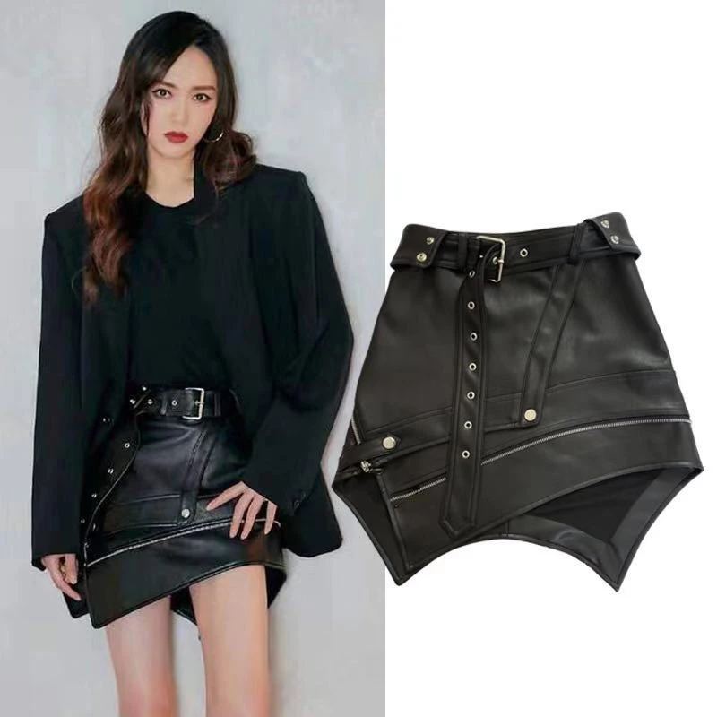 

Leather skirt women vintage high waisted skirts mini punk skirts ladies asymmetrical skirt black faux leather skirts with zipper
