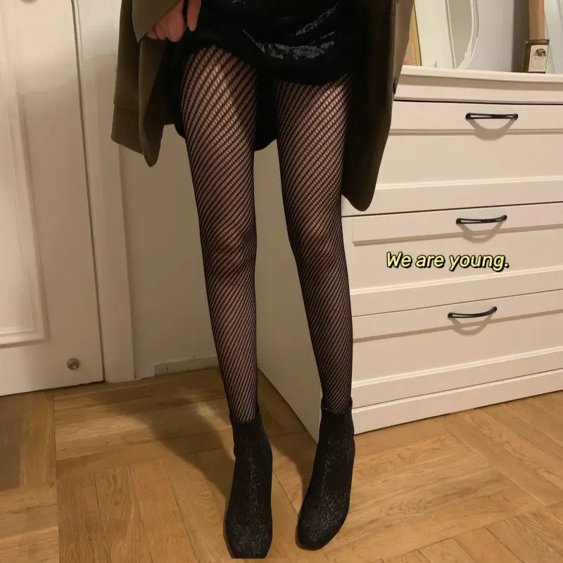 

Summer Black Thin Spiral Style Diagonal Striped Tights Sexy Nylon Fishnets Hollow-Out Mesh Stockings Fashion Pantyhose for Woman