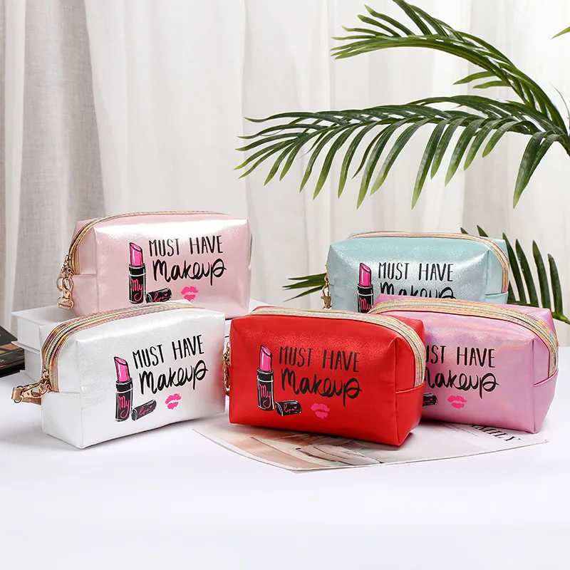 

2021 Women's PU Leather Makeup Cosmetic Bag Female Creative Lipstick Letter Printing Handbag Storage Organizer Clutch Bags
