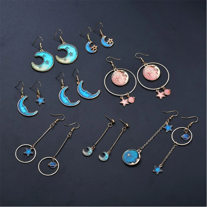 Женские серьги с синими звездами и луной летательные аппараты планета подарок
