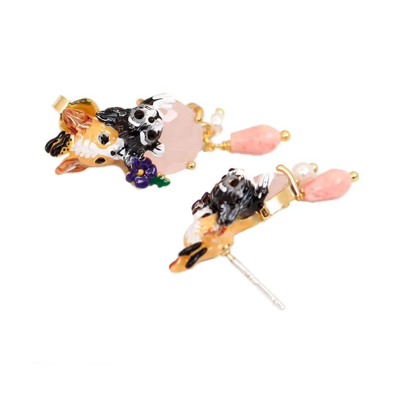 

chihuahua enamel animal series pet dog paw earrings pink stone inlay ruby butterfly black flower ear clip woman without ear hole