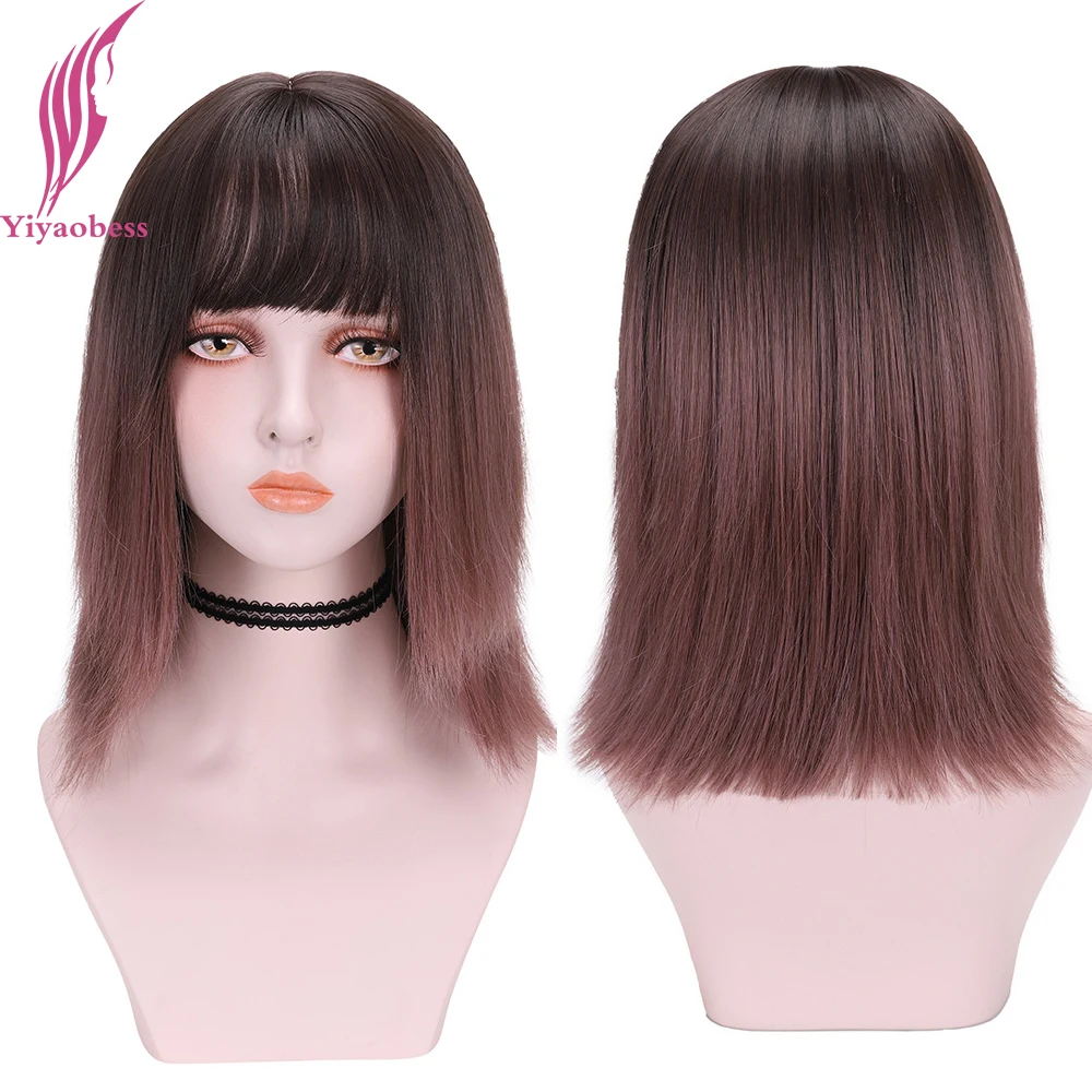

Yiyaobess Middle Part Black Brown Mix Pink Ombre Wig Short Bob Wigs For Women Synthetic Natural Hair Perruque Courte
