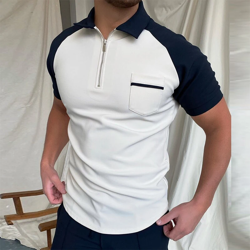 

2021 New Fashion Pocket Polo Shirt Mens Summer Turn-Down Collar Slim Fit Solid Color Zipper Breathable Polos Casual Man Clothing