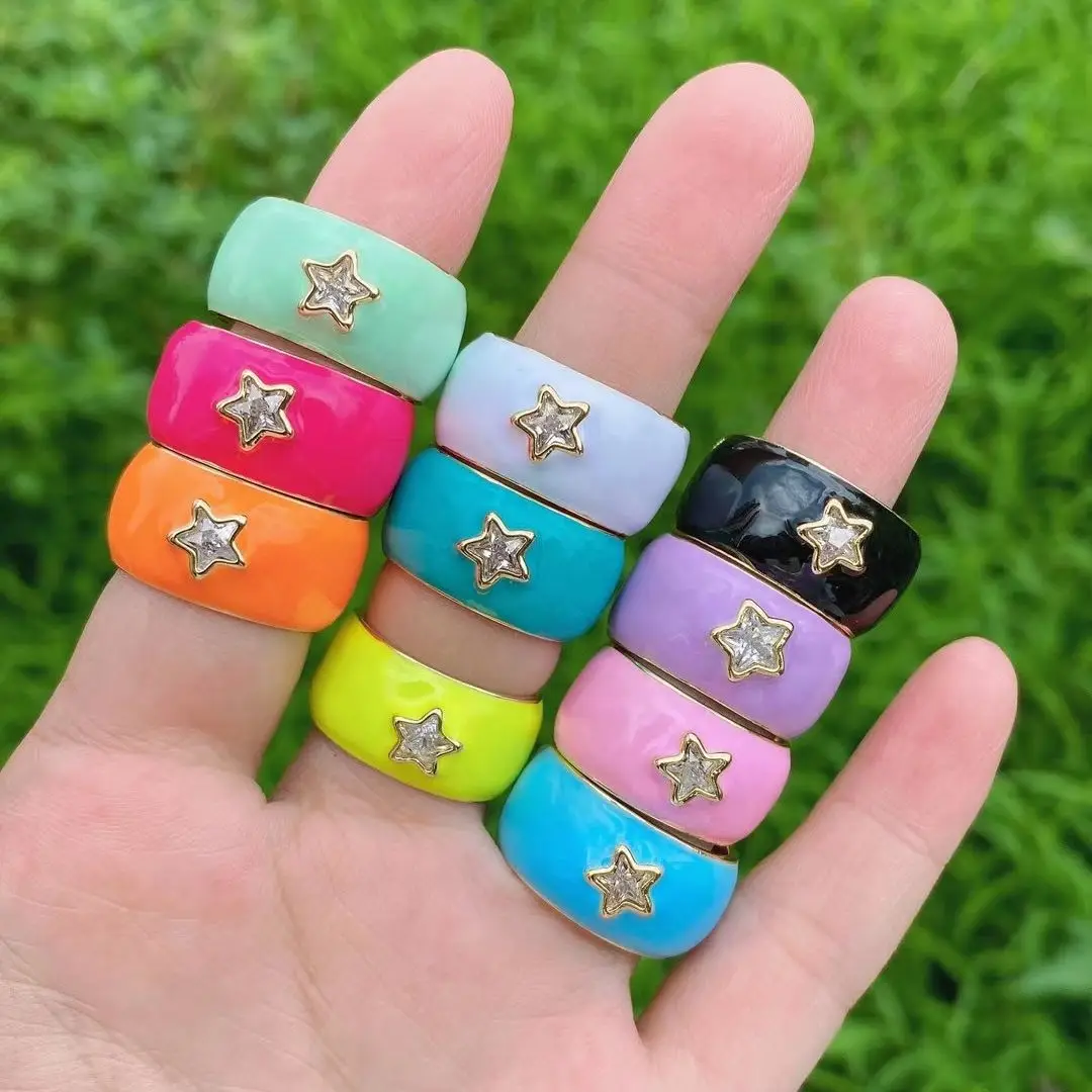 

10PCS, Korean Colorful Enamel CZ Cute Star Ring For Women Round Geometric Gold Color Finger Rings 2021 Fashion Party Jewelry