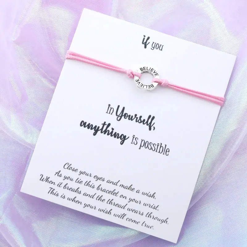 Pink Верьте в себя Wish Bracelet Believe String Bracelet Серебряный верующий Шарм для женщин и мужчин дружба вдохновляющий подарок - Окраска металла: Pink