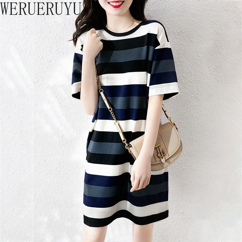 

2021 New Short Sleeve Stripes Mini Dress Women Summer Clothes Casual Harajuku Korean O-Neck Straight Short Dresses for Women