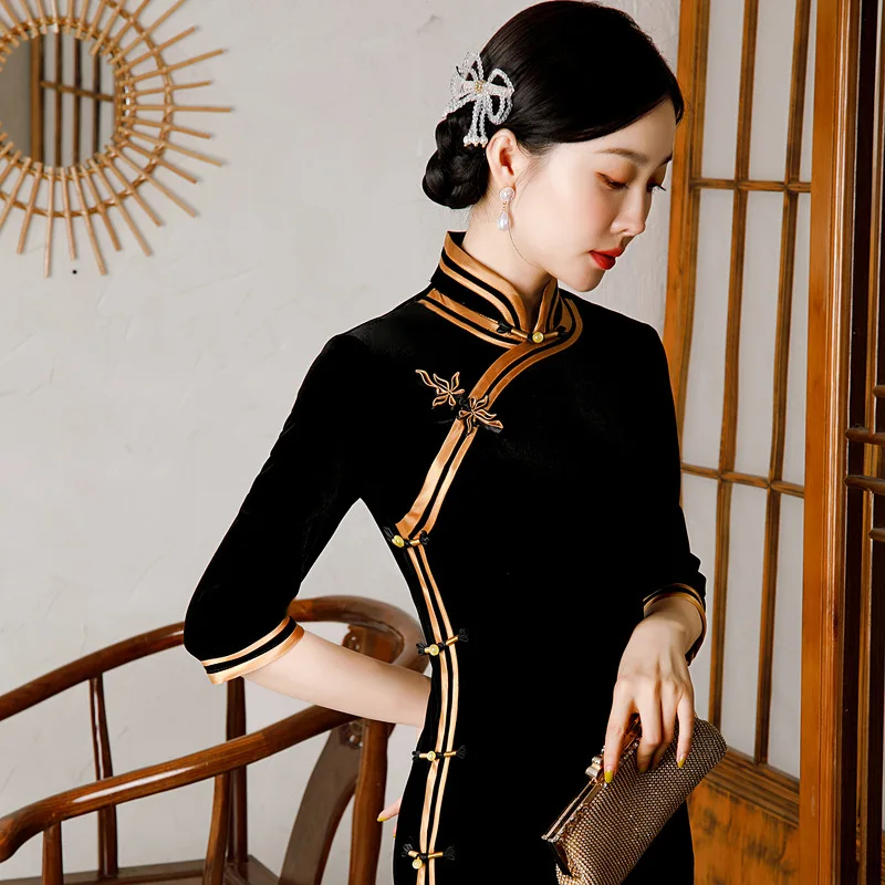 Новинка 2021 золотистое бархатное платье-Ципао в стиле ретро Красное длинное