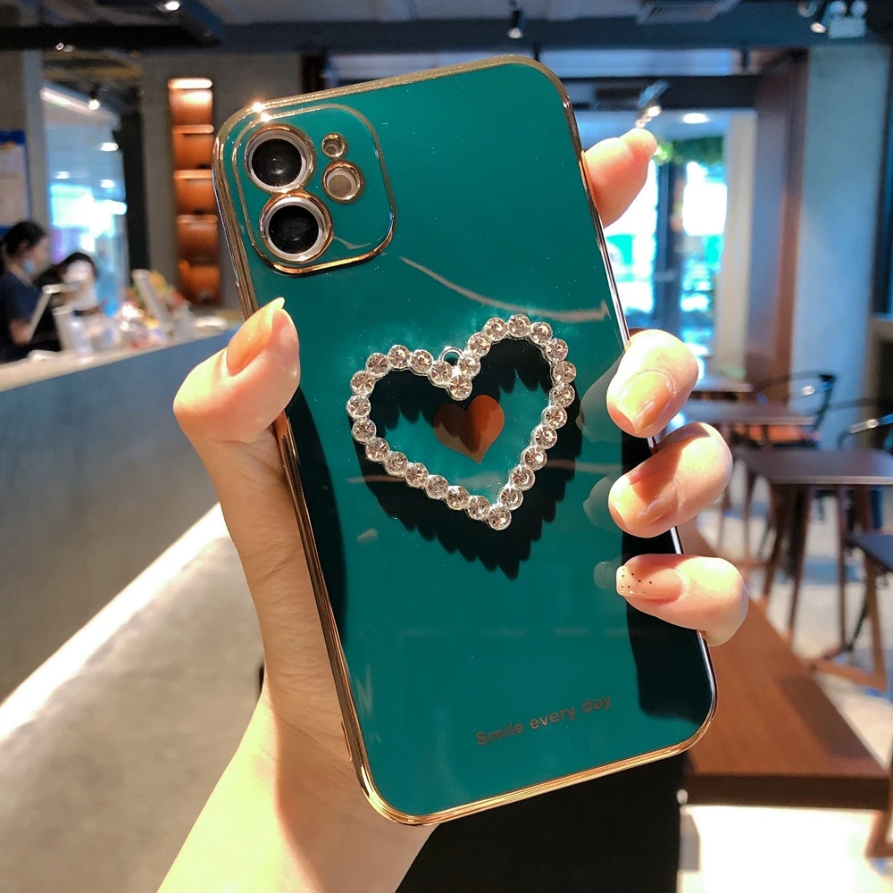 

Fashion Diamond Heart Plating TPU Case for iPhone 12 11 Pro 11Pro Max X Xs Xr 7 8 Plus 12 Mini Silicon Women Girl's Luxury Cover