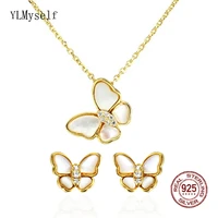 real 925 sterling silver butterfly necklace earrings 2 pcs sets cute animal gold color fine jewelry