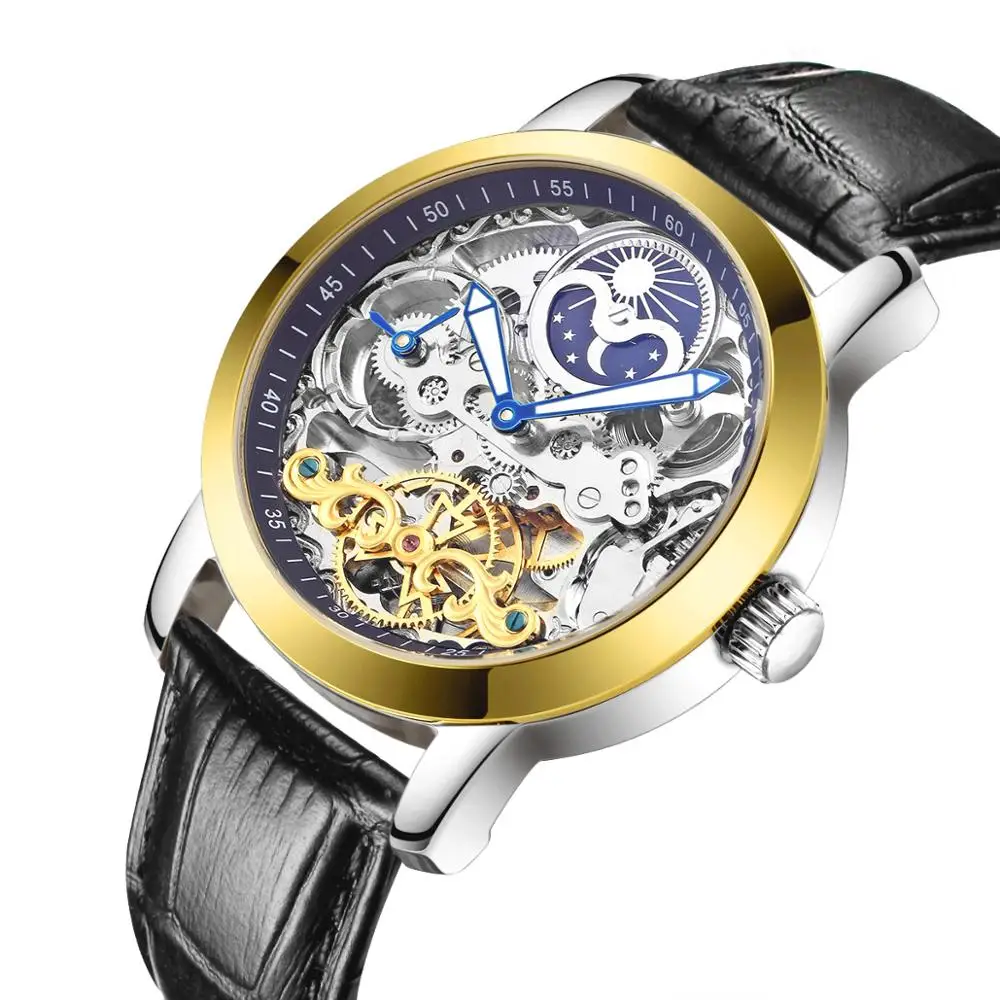 Gold blue-L HAIQIN, мужские механические часы, Роскошные автоматические часы, мужские Tourbillon часы со скелетом, спортивные водонепроницаемые часы, Reloj Hombre - Цвет: Gold blue-L