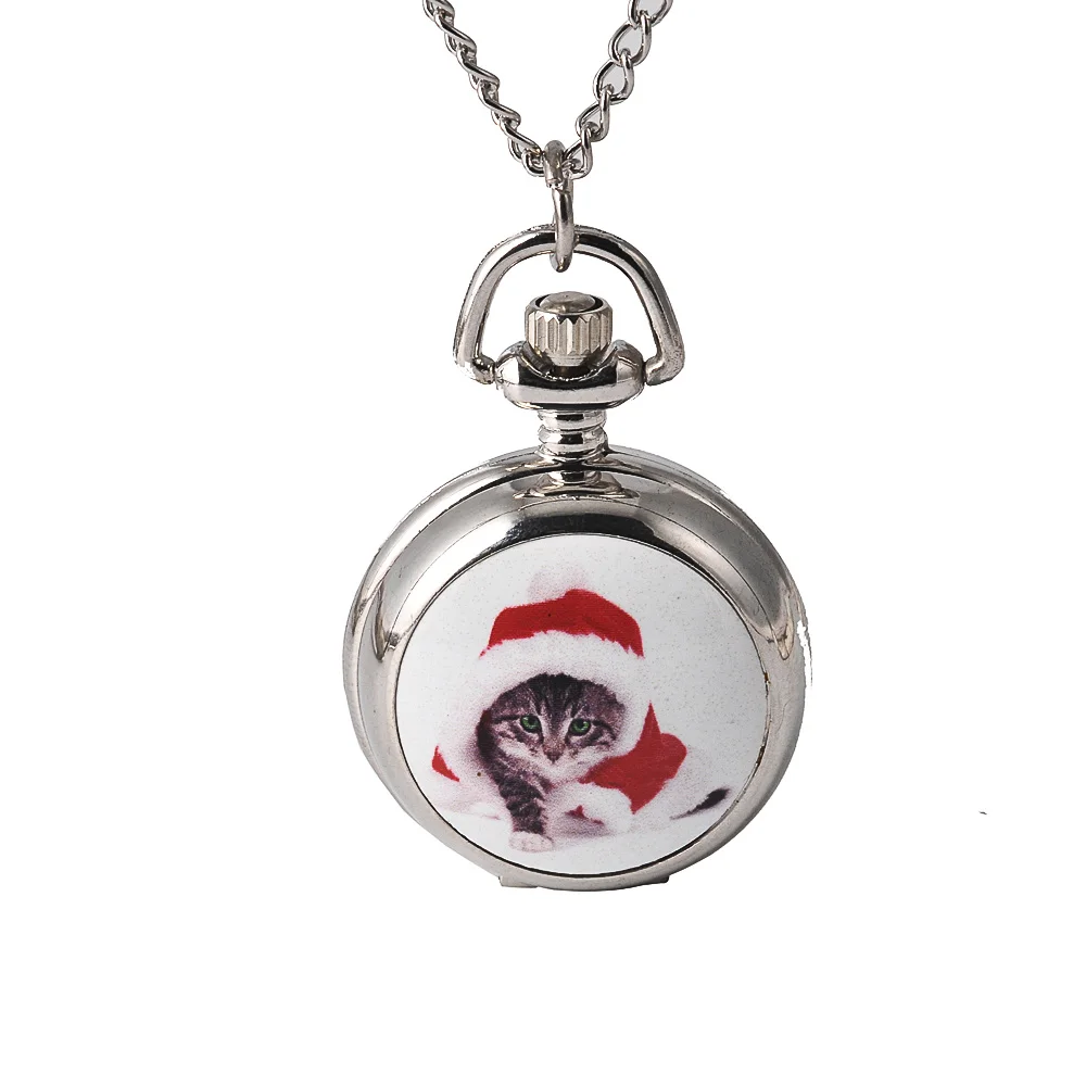 Карманные часы маленького размера серебристые керамические с милым котенком