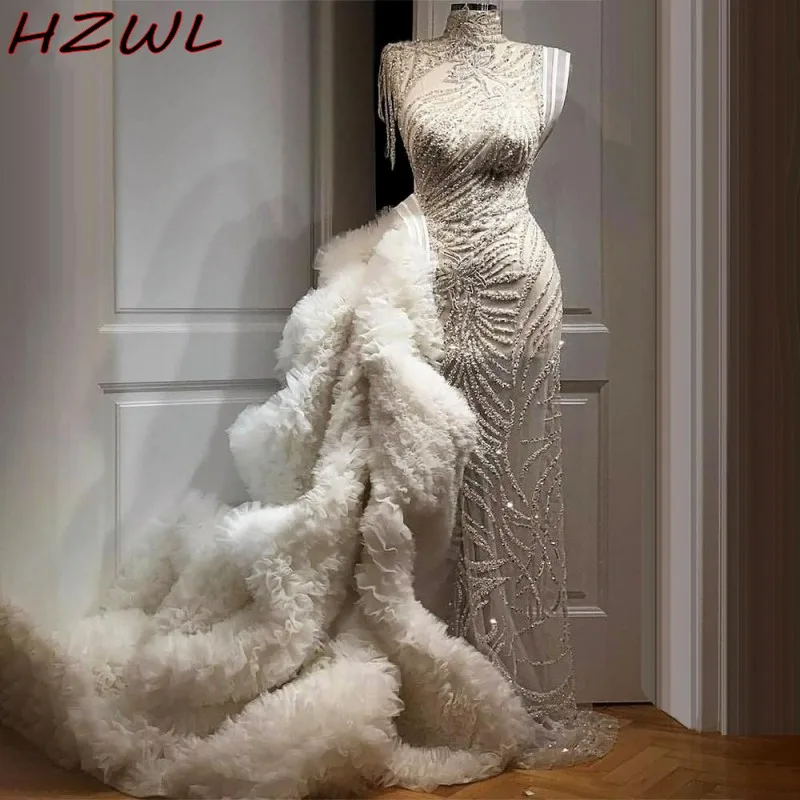 Major Beading Illusion Prom Dresses WIth Ruffles Train Tassels See Through Mermaid Evening Dress Dubai Celebrity robe de soirée