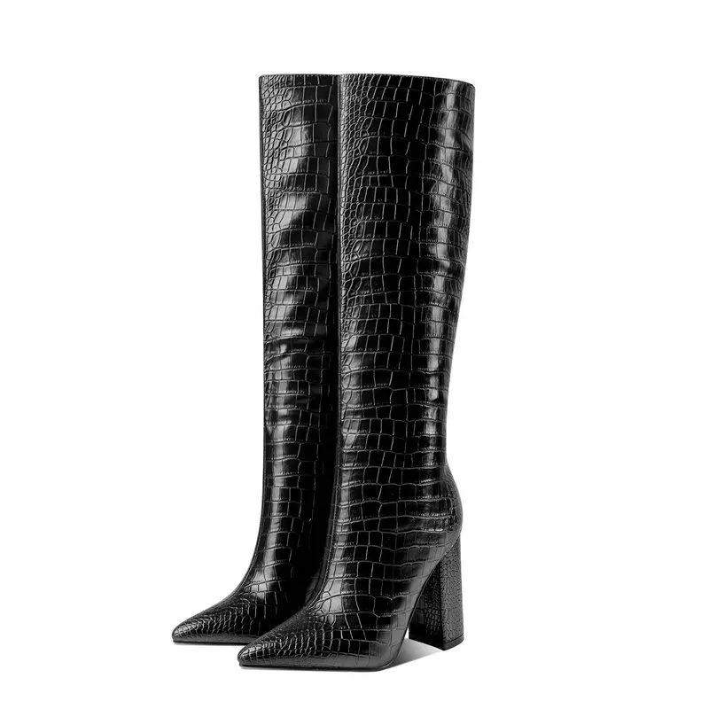 

Fashion Faux Crocodile Leather Knee High Boots Autumn Winter Women Square High Heel Long Boots Slip On Woman Shoes Big Size 43
