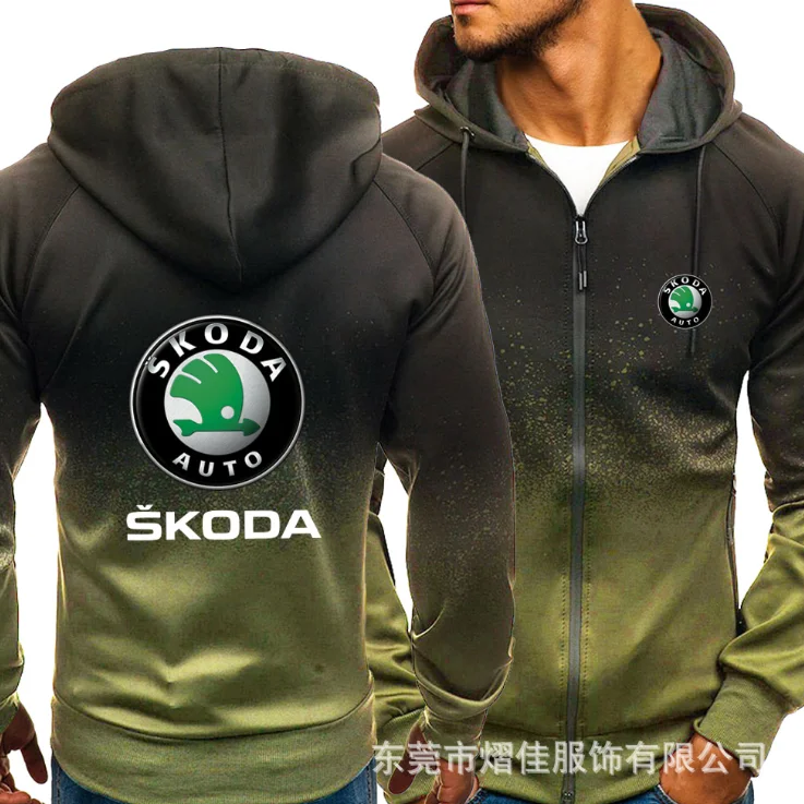 

2021 for SKODA Car Logo Print Casual HipHop Harajuku Gradient color Hooded Mens Fleece Sweatshirts zipper Jacket