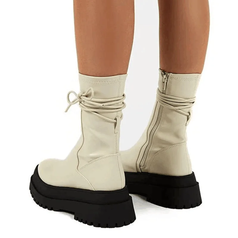 

Cross Strap Leather Ankle Boots for Women Punk Chunky Platform Motorcycle Boots Woman Plus Size Waterproof Botas