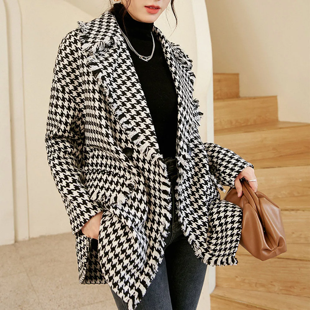 

Casual Black Houndstooth Tweed Wool Blazer Women Checked Jacket Overzise Vintage Office Lady Coat Winter Autumn Outerwear Chic