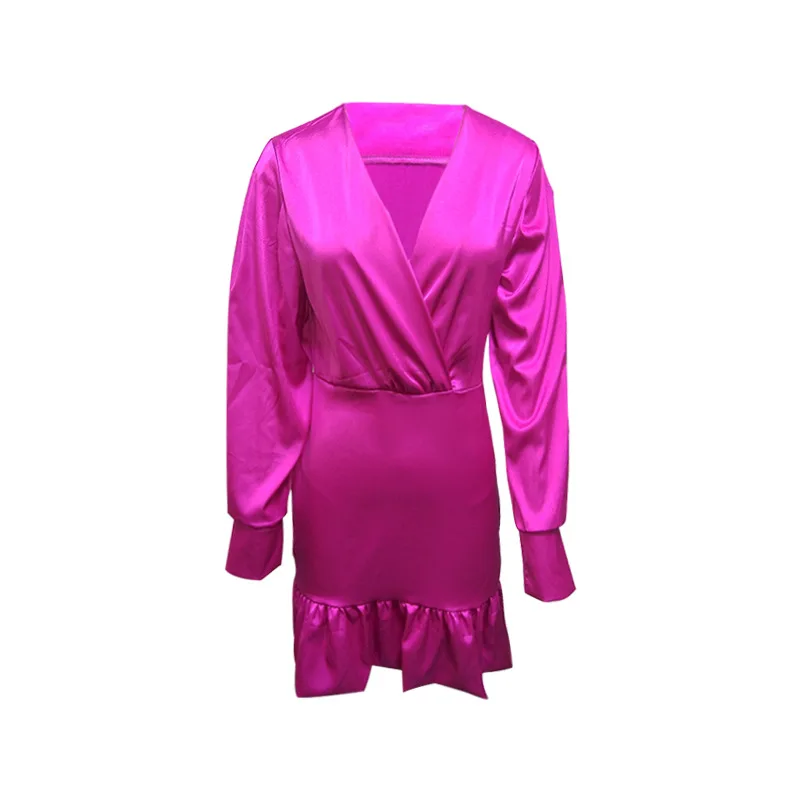 

Female Elegant Sheath Dress Woman Spring Fashion Sexy V-neck Mini Dresses 2021 Satin Long Sleeve Solid Party Birthday Clothing
