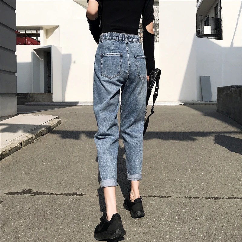 

2020 Korean version of the new high waist slimming bf back elastic and comfortable retro loose denim harem pants