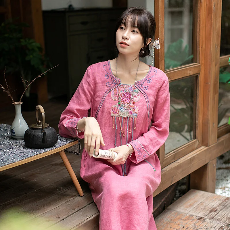 S21l31 disc button women's long sleeved Tang style linen dress mid autumn Chinese embroidered tea |