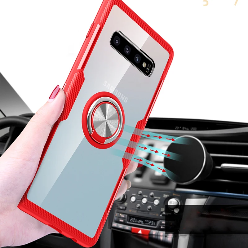 

Phone Case For Samsung Galaxy S20 Ultra S10 Note 10 9 Plus Clear Matel Ring Magnetic Bracket Back Cover Transparent Hard Shell