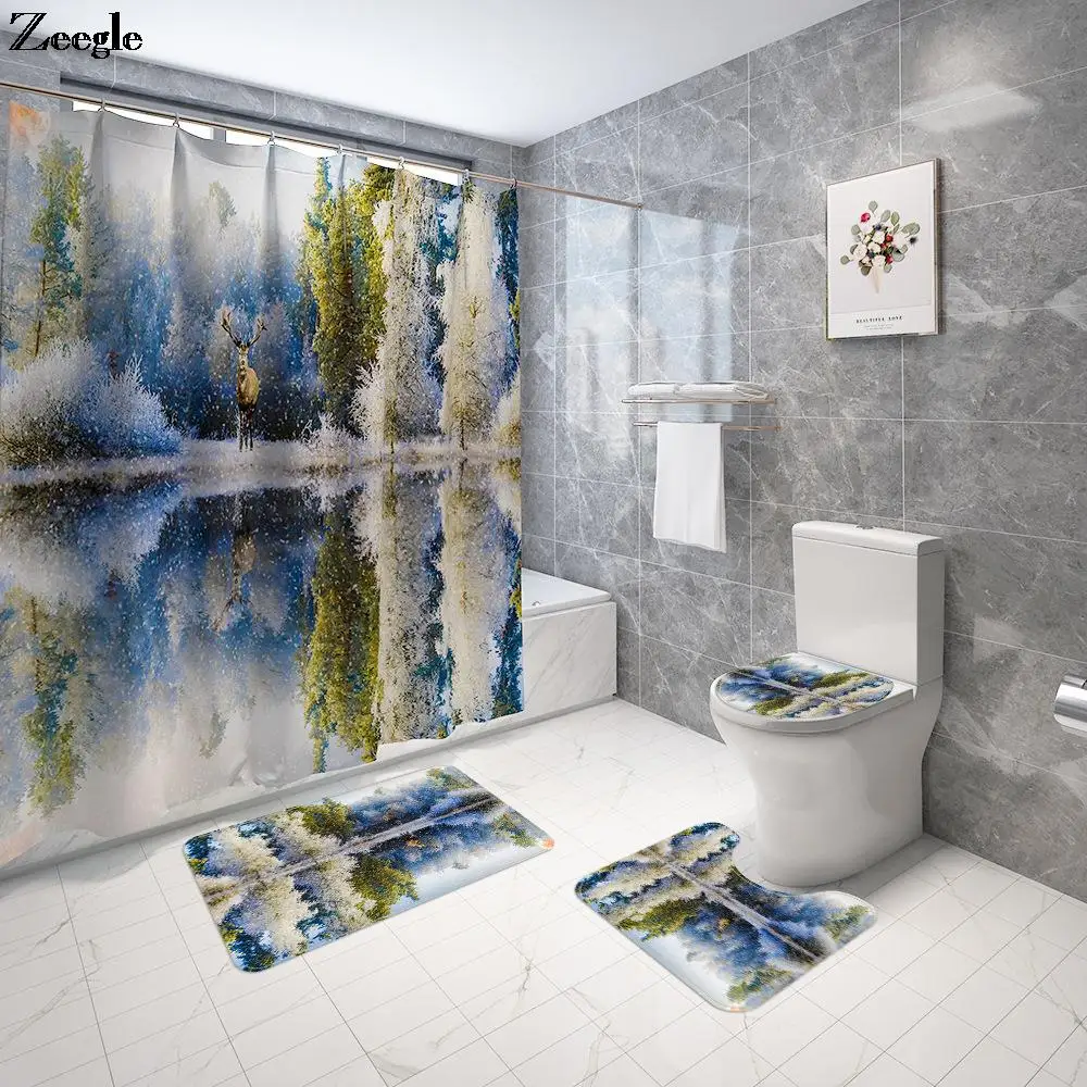 

Woods Landscape Printed Bathroom Curtain Kitchen Curtain Mildewproof Waterproof Shower Curtain Set Anti-slip Soft Bath Mat Set