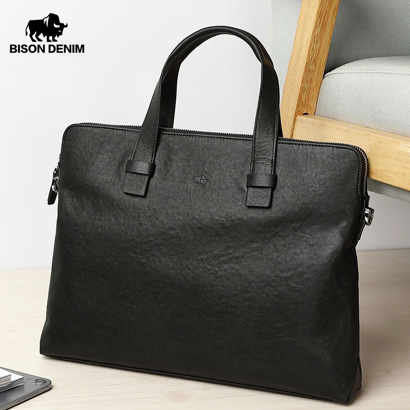 Bison Denim Cowhide Business Briefcase Genuine Leather Men Bag 14
