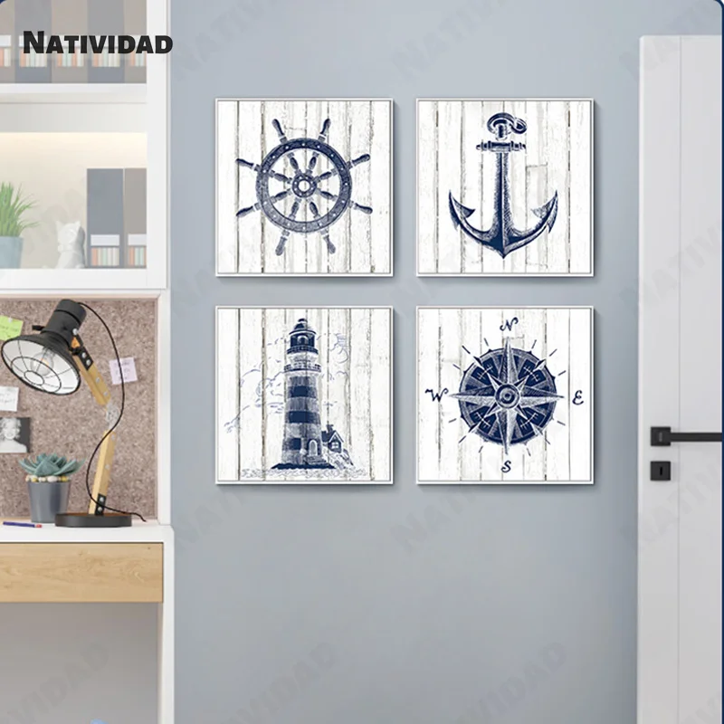 Морская схема окраски Маяк Холст Картина Темно-Синий компас якорь плакат