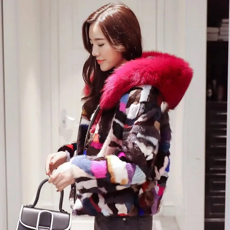 Натуральное меховое пальто 2020 короткое с норковым мехом + лисьим меховым