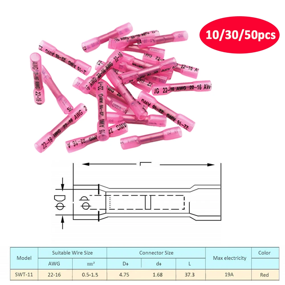 

10/30/50pcs 22-18AWG 0.5-1.5mm HDPE Material Waterproof Electrical Wire Connectors Heat Shrink Butt Connectors Crimp Terminals