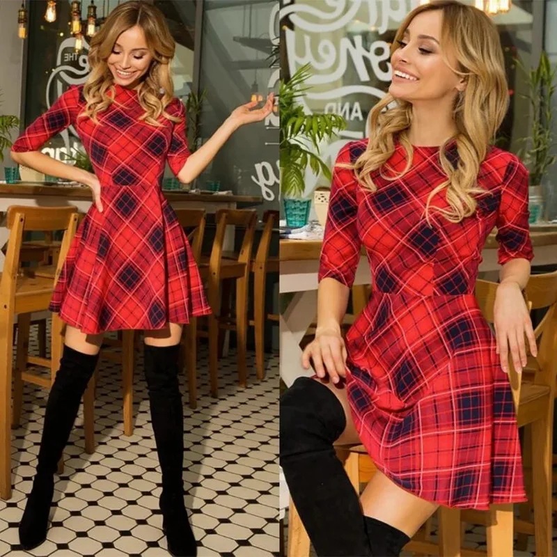 

Nieuwe 2021 Xmas Rode Plaid Jurk 3/4 Mouw Schotse Lente Herfst Slanke Jurken Vrouw Mini Kerst Jurk Party Vestidos