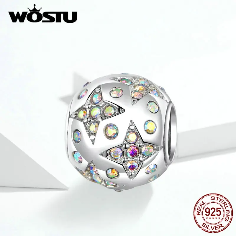 WOSTU 100% настоящий 925 пробы серебряные бусины со звездами Классические CZ амулеты