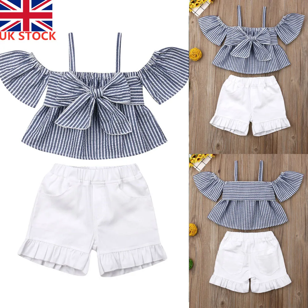 

Summer Kid Stripes Big Bow Tops Vest + Short Pants Toddler Set Baby Girls Off Shoulder Outfits Set