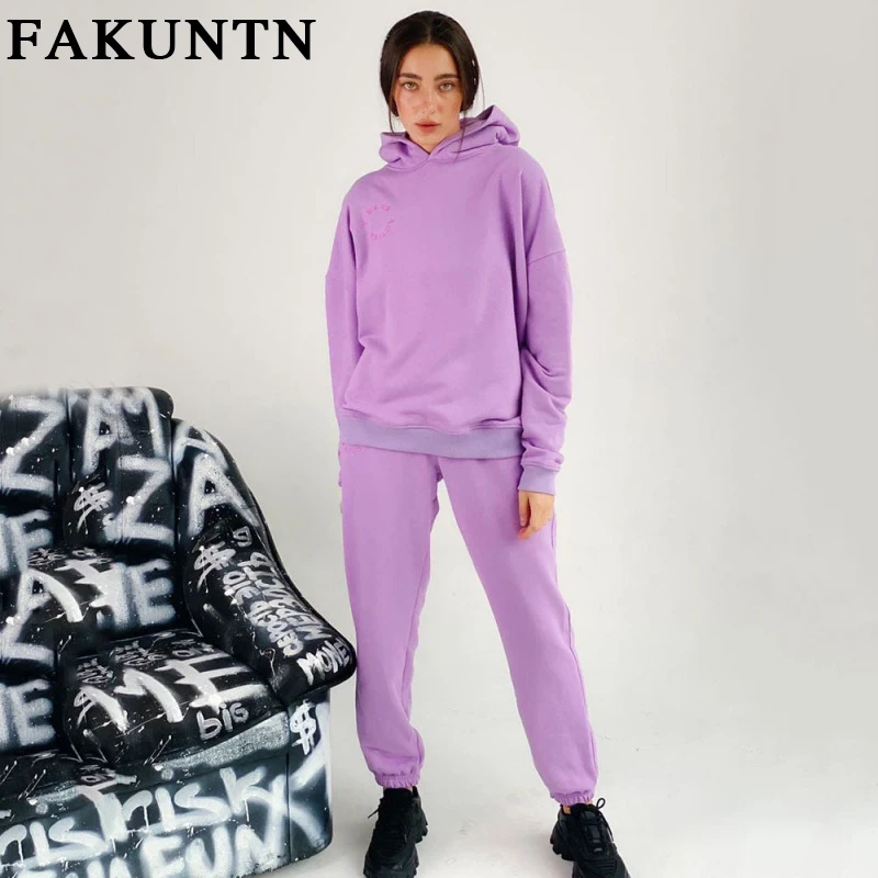 저렴한 FAKUNTN 여성 세트 운동복 여성 의류 2021 신제품 스포츠 정장 라운지웨어 후드 스웨트 셔츠 탑과 바지 투피스 세트 복장 구매 FAKUNTN 여성 세트 운동복 여성 의류 2021 신제품 스포츠 정장 라운지웨어 후드 스웨트 셔츠 탑과 바지 투피스 세트 복장