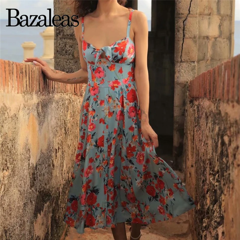 Женское винтажное платье миди без рукавов Bazaleas голубое праздничное с цветочным