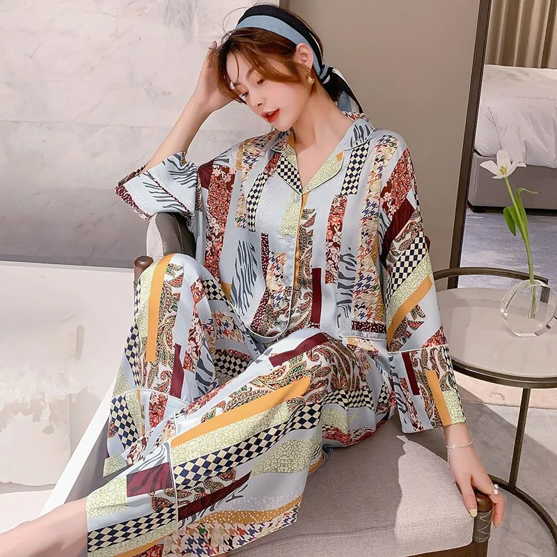 

Satin Spring Autumn New 2PCS Pink Pajama Sets Women's Sweet Lace Trim Sleepwear Cute Print Home Wear Turn-down Collar Nightwear