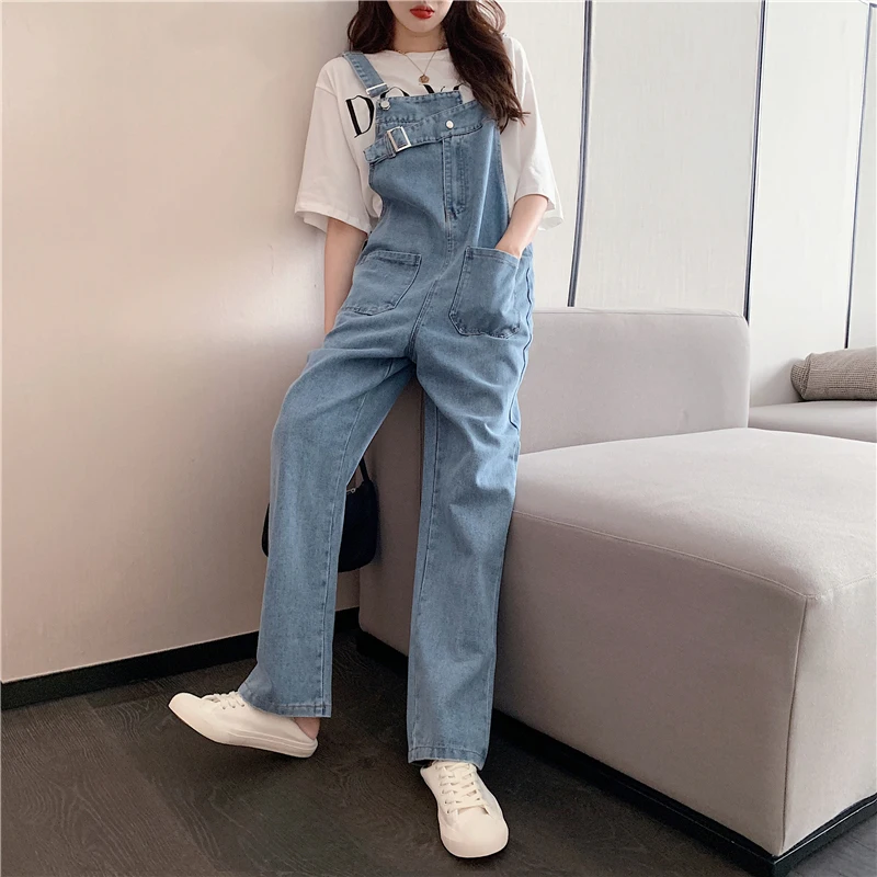 

Korean High Waist Wide Leg Denim Jumpsuits Women Spaghetti Strap Loose Casual Overalls Vogue Streetwear Female Harajuku Rompers