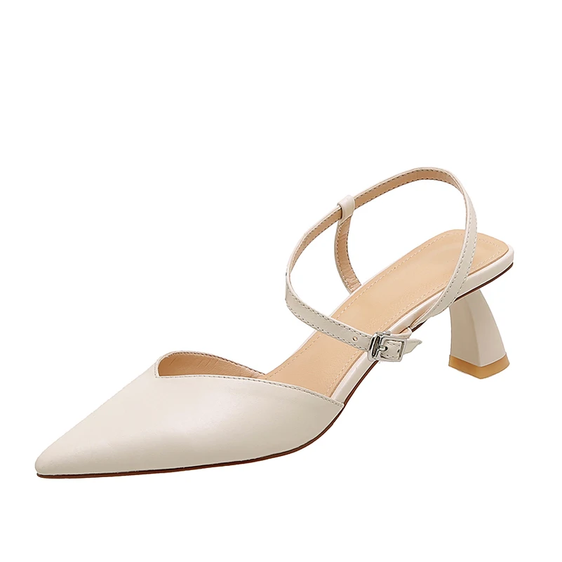 

FOREADA Two Piece Woman Shoes Real Leather High Heels Strange Style Heel Pumps Buckle Pointed Toe Female Footwear Beige Size 40