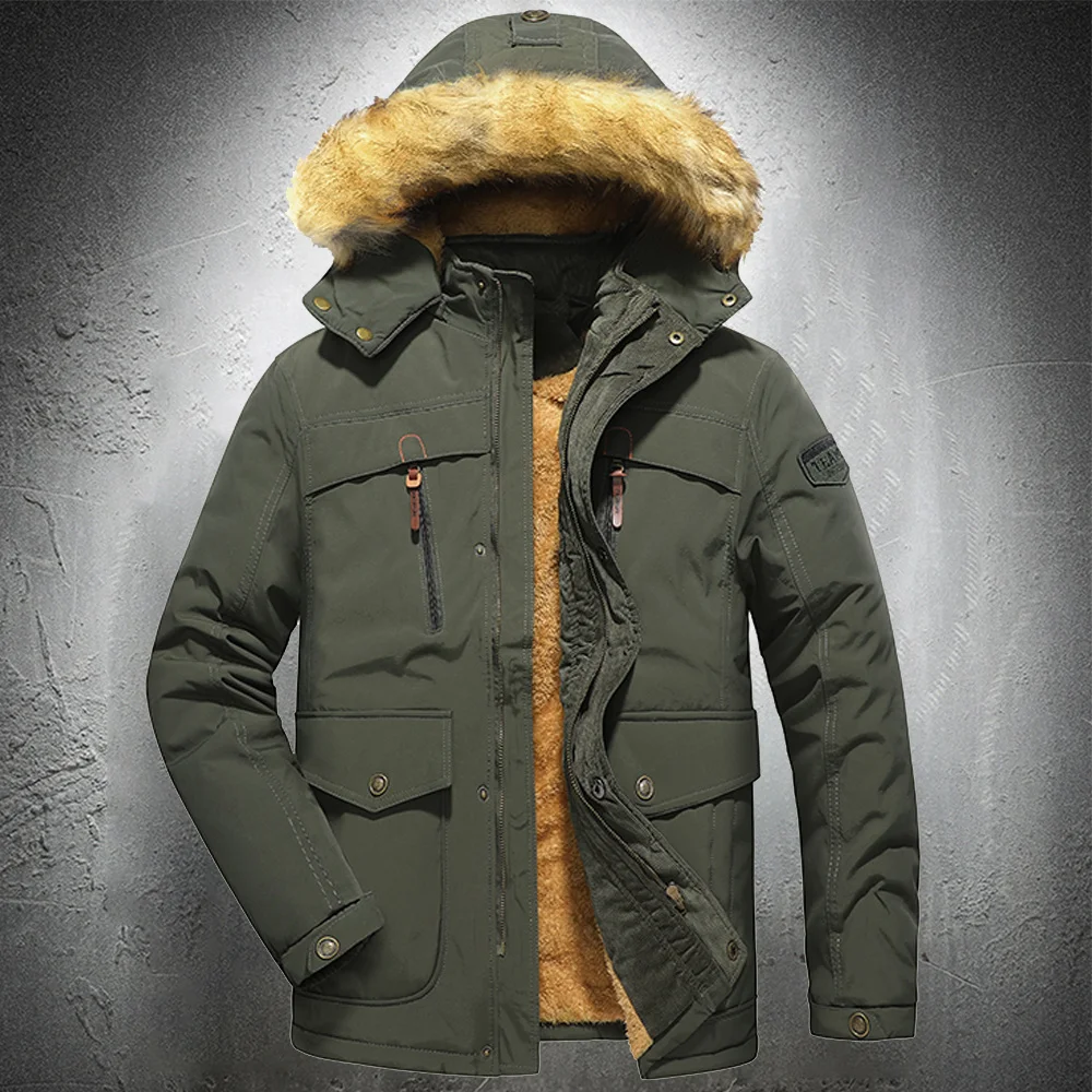 

Мужская зимняя куртка с меховым воротником, парка, мужское утепленное пальто, уличная куртка с капюшоном и меховой подкладкой, теплое модно...
