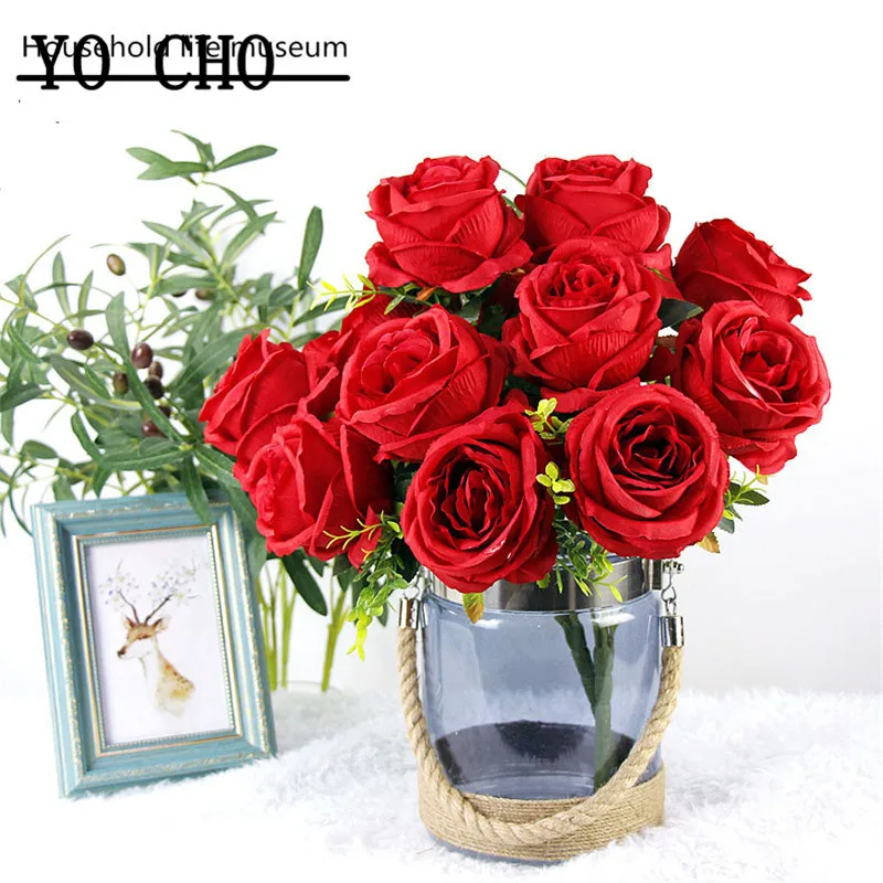 

YO CHO 7 Heads Roses Silk Artificial Red Flowers Faux Rose Flores Bouquet Decoration for Bride Wedding Table Pink Flowers Fake