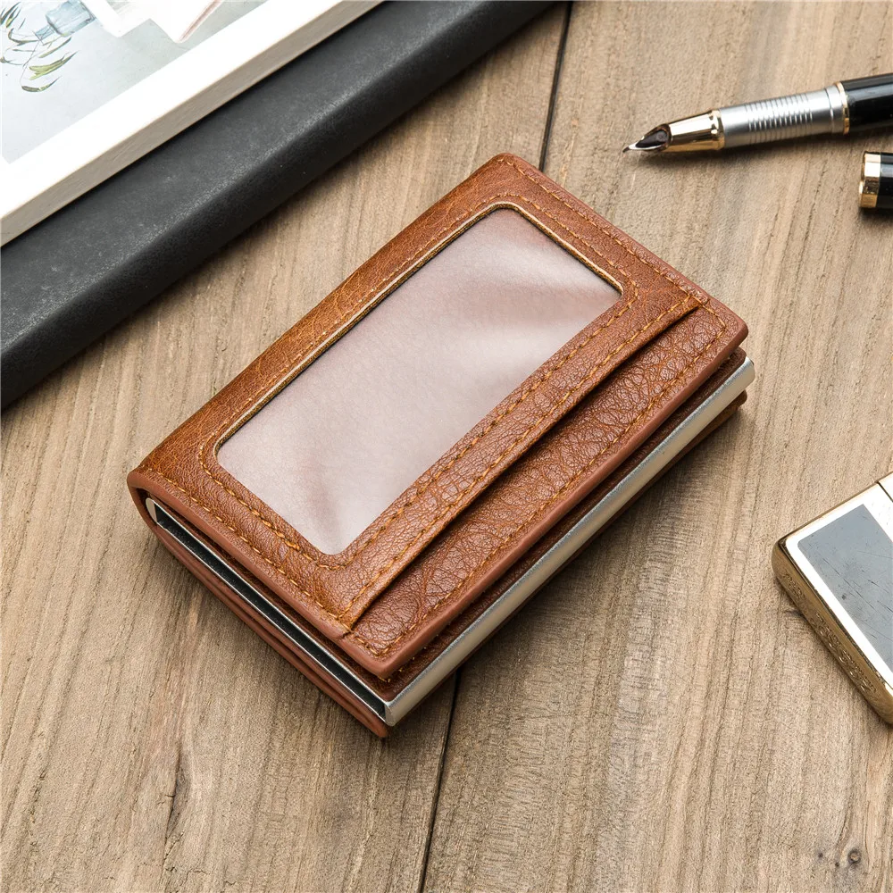 

BISI GORO Men's Credit Card Holder Wallet Security Case Pop Up Automatic RFID Blocking Leather Bank Protection Women Smart Purse