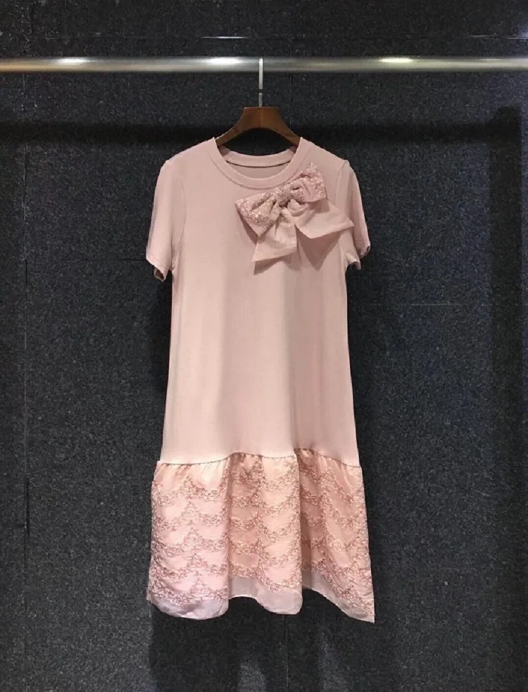 2021 Summer Fashion Long T-Shirt Dress High Quality Ladies O-Neck Beading Bow Deco Short Sleeve Casual White Pink Black Dress