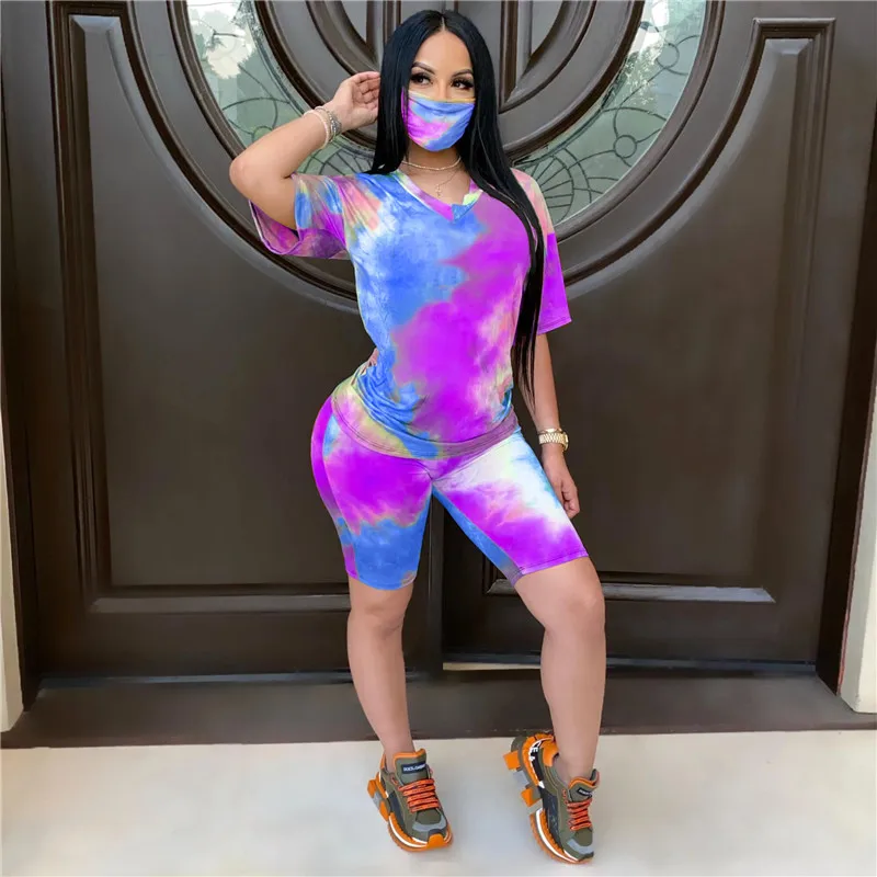 

Women Casual 2 Piece Tie-Dye Outfits Pullover Short Sleeve T-Shirt Tops+ Bodycon Shorts Set Fashion Tie Dyeing Print Tracksuit
