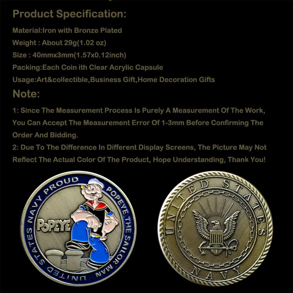 

Popeye Anime Characters Cartoons Coin Medal Antique Currency Collectible Challenger Challenge Coins USA Souvenirs Gift