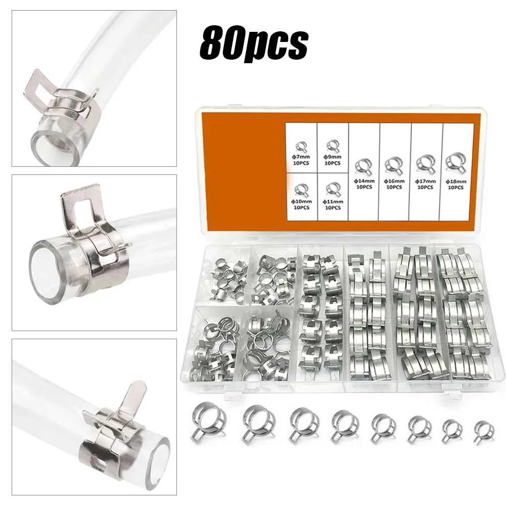 

80pcs 7-18mm Spring Clip Hose Clamp 65Mn Steel Fastener Fuel Line Hose Water Pipe Tools For Automotive Industrial Boat Marine